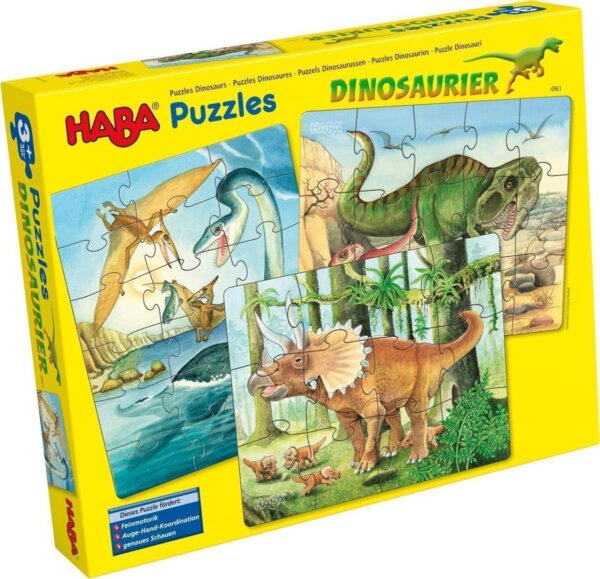 Το κουτί περιέχει 3 παζλ με 12 / 15 / και 18 τμχ. με θέμα τους δεινόσαυρους από την βραβευμένη εταιρεία Haba. Διαστάσεις για κάθε παζλ : 20 x 25 εκ. Ηλικία +3
